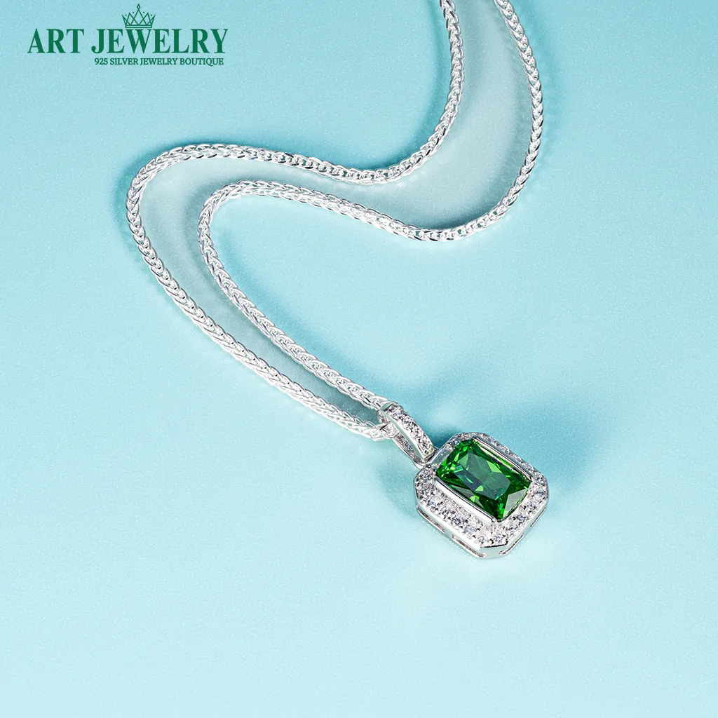 Dây chuyền xương cá Italy gắn mặt đá chữ nhật xanh lá cây bạc 925