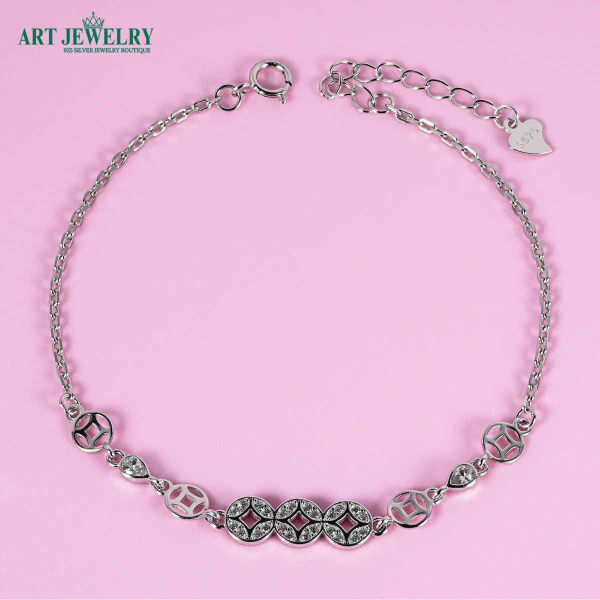 Lắc kim tiền đính đá CZ bạc 925